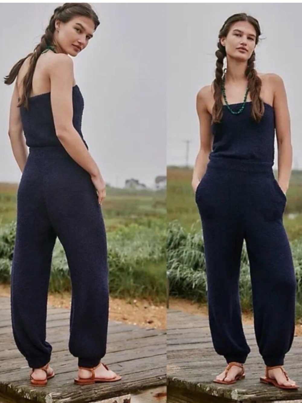 Free People Claire Terry Knit Jumpsuit in Navy